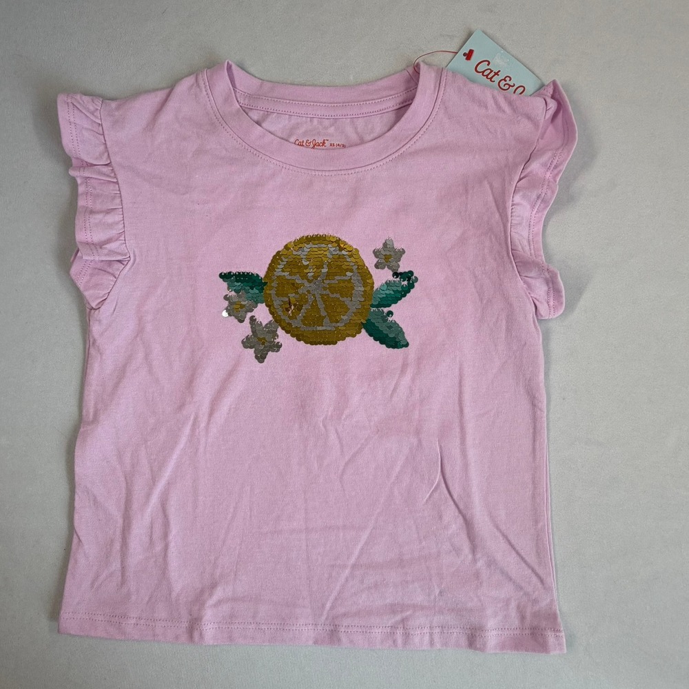 Cat & Jack Girls T-Shirt XS (4/5) Pink Lemon Sequin Ruffle Flutter‎ Sleeve New